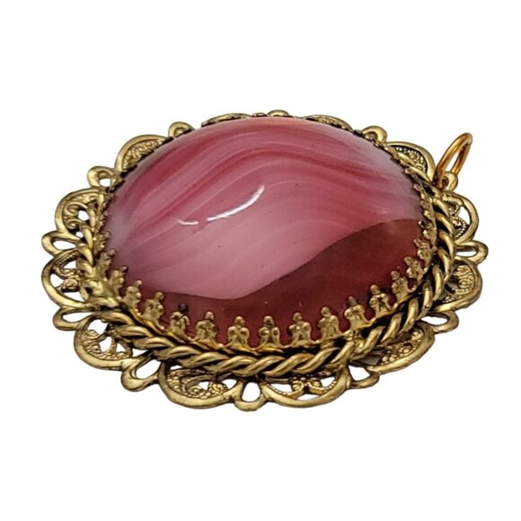 West Germany Gold Tone Filigree Pink Givre Pendant, Signed K226 - Picture 5 of 8